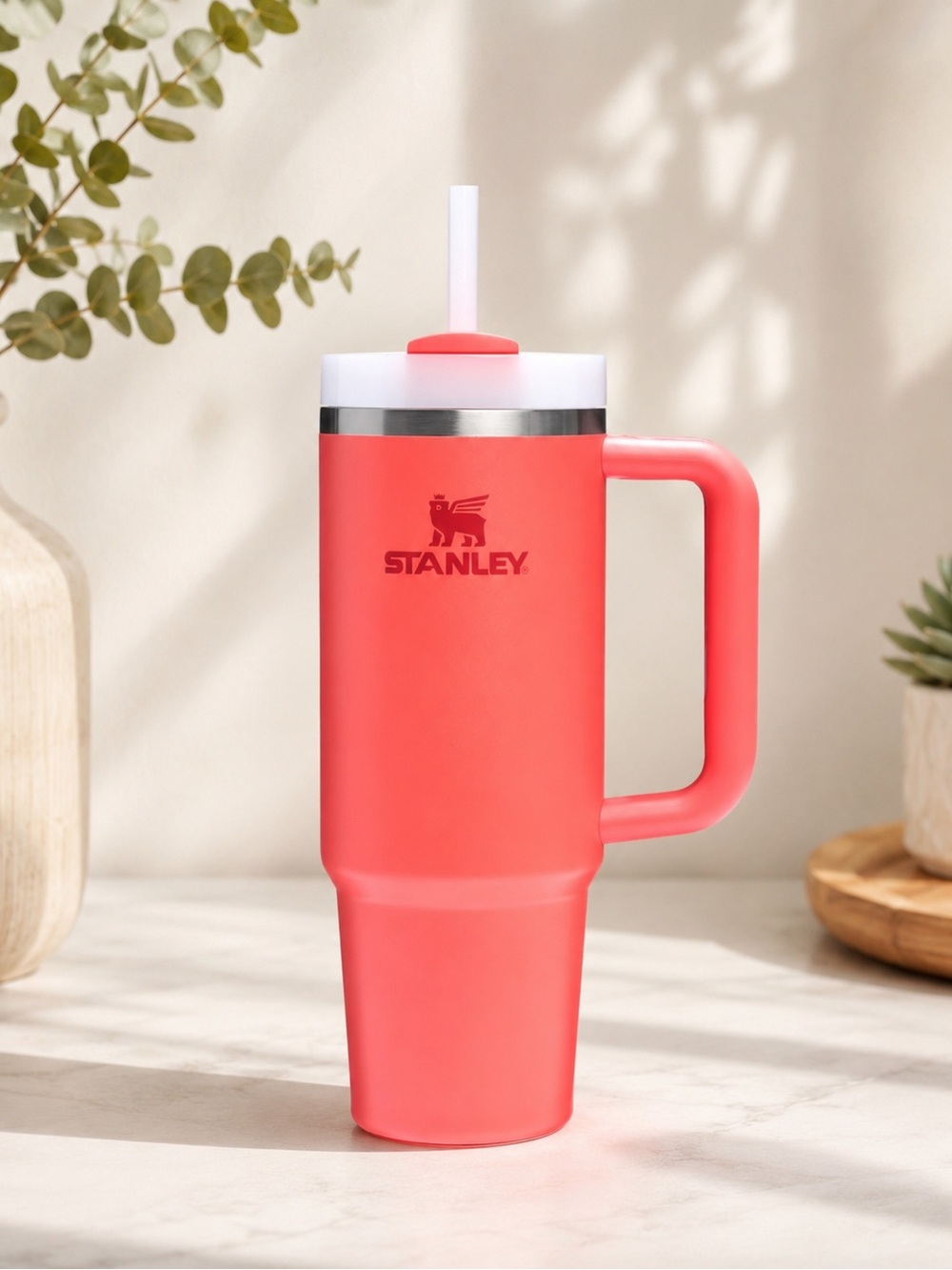 Stanley Coral Pink Insulated Travel Mug with Handle & Straw